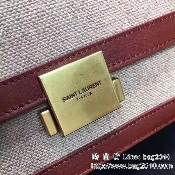 YSL聖羅蘭 米色亞麻帆布 幹邑色真皮挎包 正面翻蓋包 YAS1231